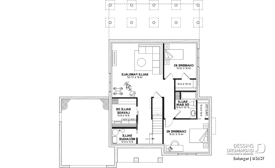 Sous-sol aménagé (Optionel $) - Plan de maison farmhouse moderne 2 à 4 chambres, garage, superbe salon à l'avant avec cathédrale et foyer - Belanger