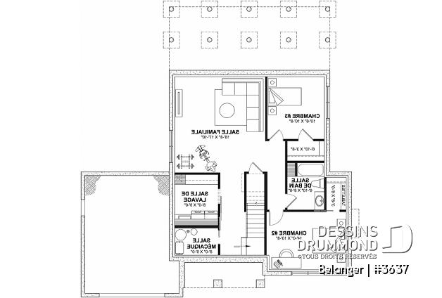Sous-sol aménagé (Optionel $) - Plan de maison farmhouse moderne 2 à 4 chambres, garage, superbe salon à l'avant avec cathédrale et foyer - Belanger