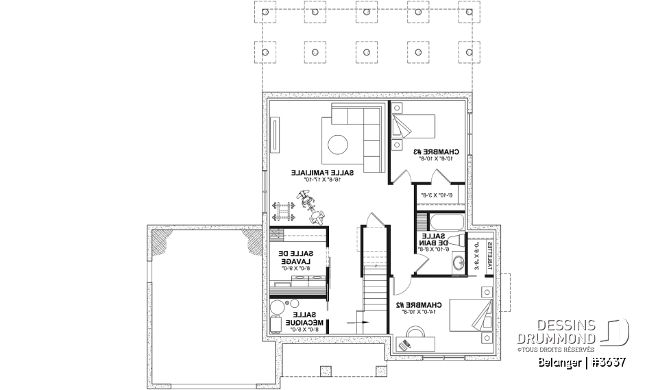 Sous-sol aménagé (Optionel $) - Plan de maison farmhouse moderne 2 à 4 chambres, garage, superbe salon à l'avant avec cathédrale et foyer - Belanger