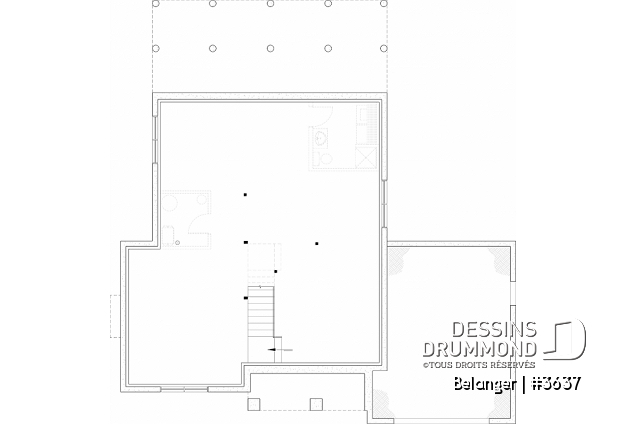 Sous-sol aménageable du plan de maison unifamiliale 3637 Sous-sol aménageable - Plan de maison farmhouse moderne 2 à 4 chambres, garage, superbe salon à l'avant avec cathédrale et foyer - Belanger