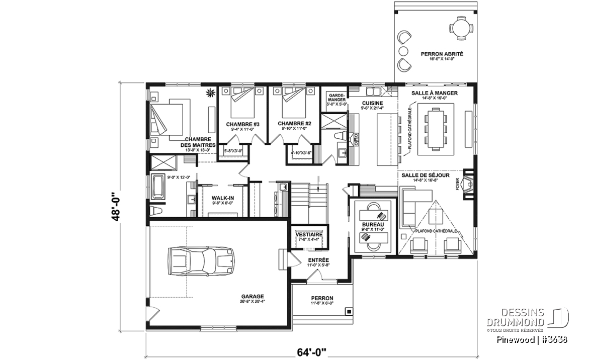 Rez-de-chaussée - Grand plain-pied avec 3 chambres, bureau, garage, vestiaire, garde-manger, plafond cathédral, foyer - Pinewood