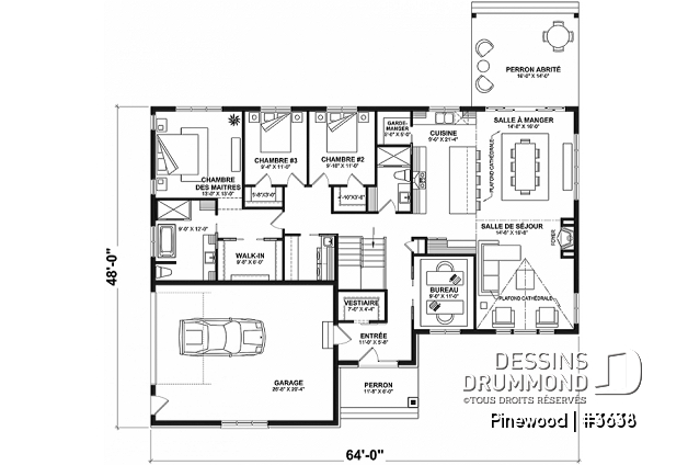 Rez-de-chaussée - Grand plain-pied avec 3 chambres, bureau, garage, vestiaire, garde-manger, plafond cathédral, foyer - Pinewood