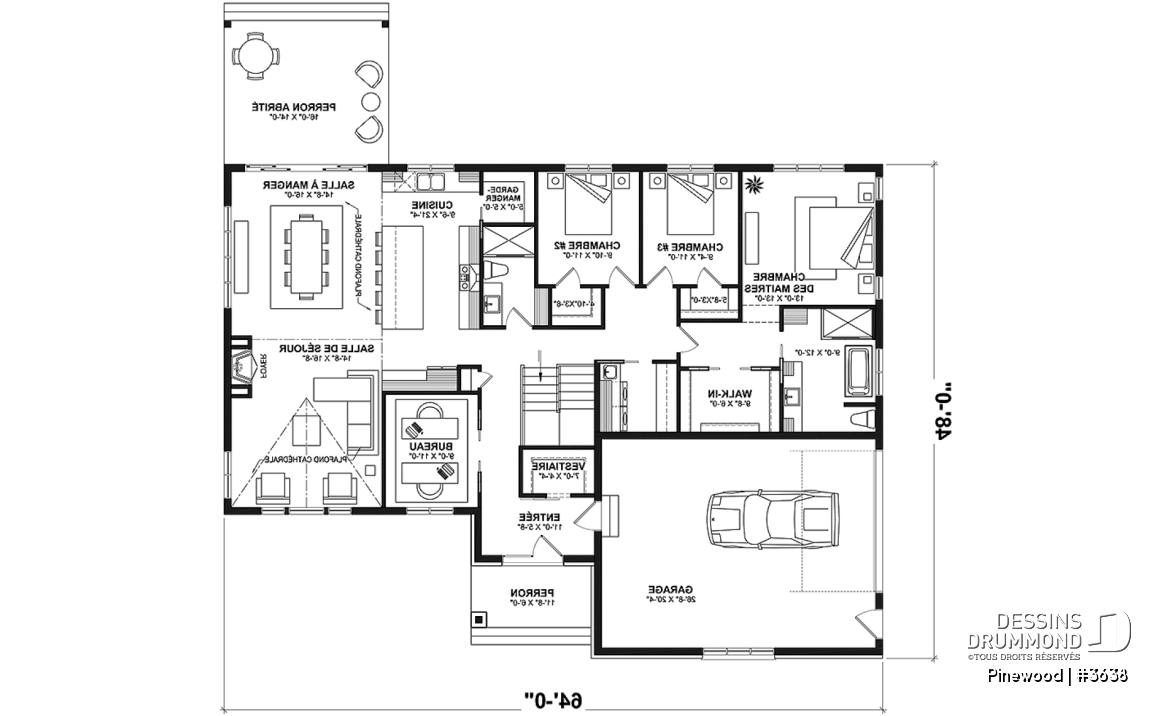 Rez-de-chaussée - Grand plain-pied avec 3 chambres, bureau, garage, vestiaire, garde-manger, plafond cathédral, foyer - Pinewood