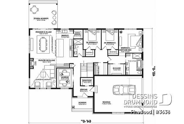 Rez-de-chaussée - Grand plain-pied avec 3 chambres, bureau, garage, vestiaire, garde-manger, plafond cathédral, foyer - Pinewood