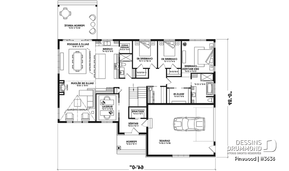 Rez-de-chaussée - Grand plain-pied avec 3 chambres, bureau, garage, vestiaire, garde-manger, plafond cathédral, foyer - Pinewood