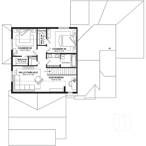 Étage - Maison de style campagne française en forme de L, pas de sous-sol, 3 à 4 chambres, 2 salles familiales - Simone