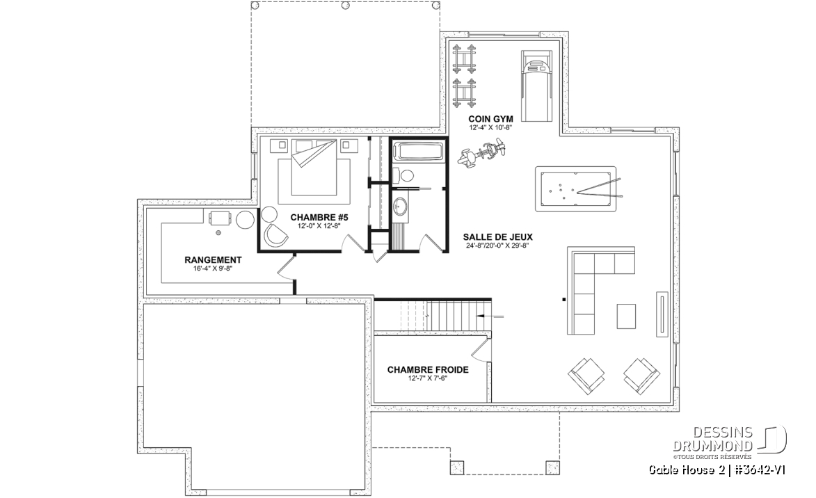 Sous-sol aménagé (Optionel $) - Plan de maison classique à étage, 4 + chambres, garage double et sous-sol optionnel - Gable House 2