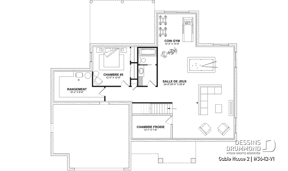 Sous-sol aménagé (Optionel $) - Plan de maison classique à étage, 4 + chambres, garage double et sous-sol optionnel - Gable House 2