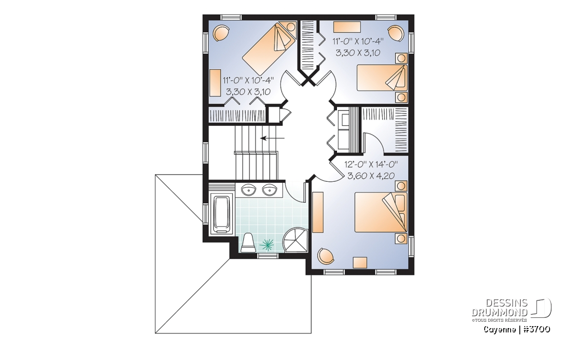 Étage - Plan de grande maison de 3 chambres,, foyer double face, îlot à la cuisine, walk-in dans la chambre parents - Cayenne