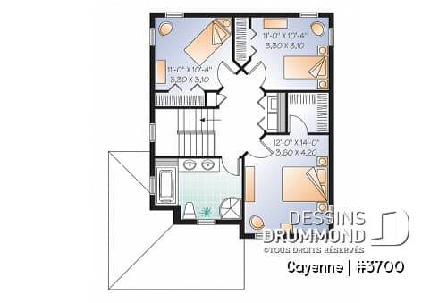 Étage - Plan de grande maison de 3 chambres,, foyer double face, îlot à la cuisine, walk-in dans la chambre parents - Cayenne