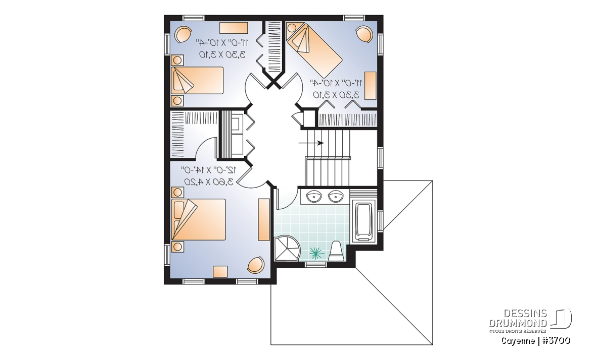 Étage - Plan de grande maison de 3 chambres,, foyer double face, îlot à la cuisine, walk-in dans la chambre parents - Cayenne