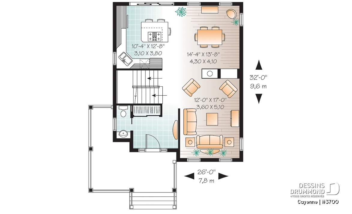 Rez-de-chaussée - Plan de grande maison de 3 chambres,, foyer double face, îlot à la cuisine, walk-in dans la chambre parents - Cayenne