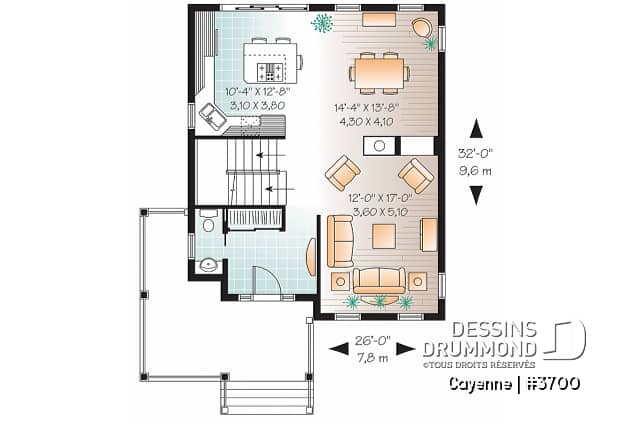 Rez-de-chaussée - Plan de grande maison de 3 chambres,, foyer double face, îlot à la cuisine, walk-in dans la chambre parents - Cayenne