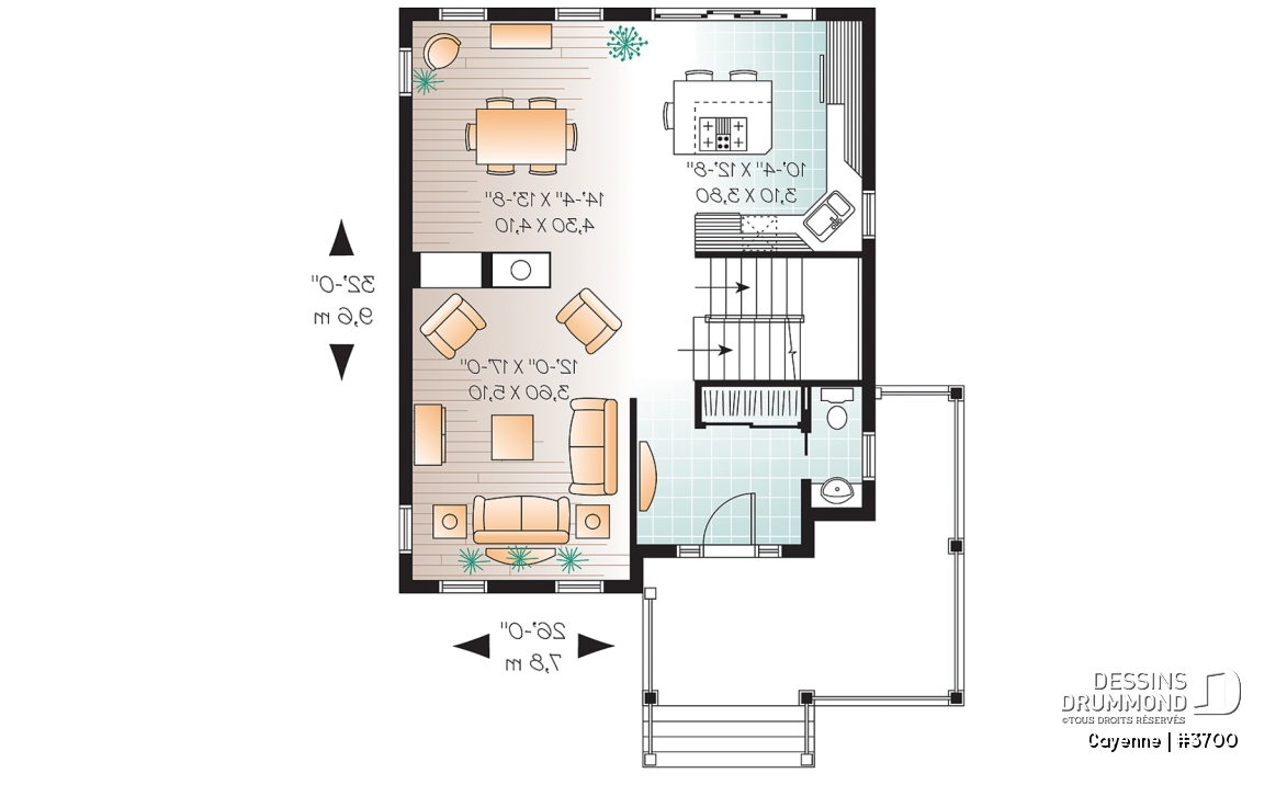 Rez-de-chaussée - Plan de grande maison de 3 chambres,, foyer double face, îlot à la cuisine, walk-in dans la chambre parents - Cayenne