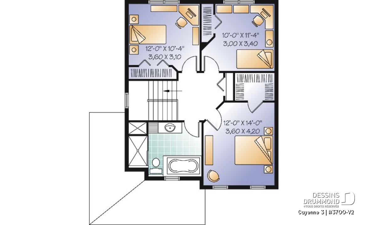 Étage - Plan de maison style transitionnel, 3 chambres, grand vestibule fermé, buanderie au rez-de-chaussée - Cayenne 3