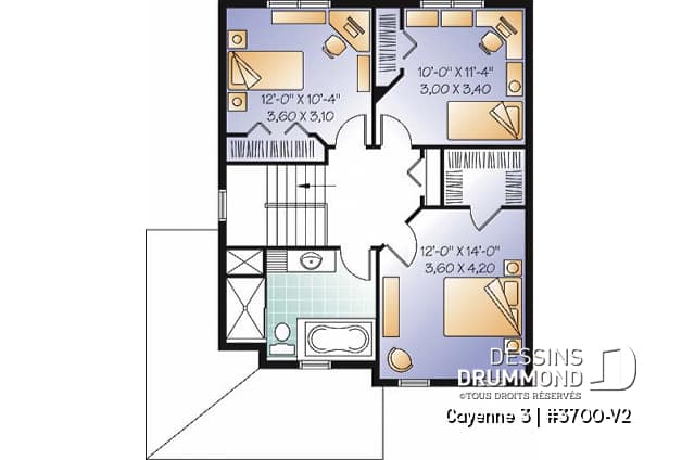 Étage - Plan de maison style transitionnel, 3 chambres, grand vestibule fermé, buanderie au rez-de-chaussée - Cayenne 3