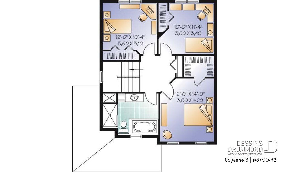 Étage - Plan de maison style transitionnel, 3 chambres, grand vestibule fermé, buanderie au rez-de-chaussée - Cayenne 3