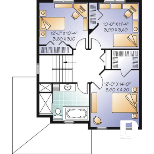 Étage - Plan de maison style transitionnel, 3 chambres, grand vestibule fermé, buanderie au rez-de-chaussée - Cayenne 3