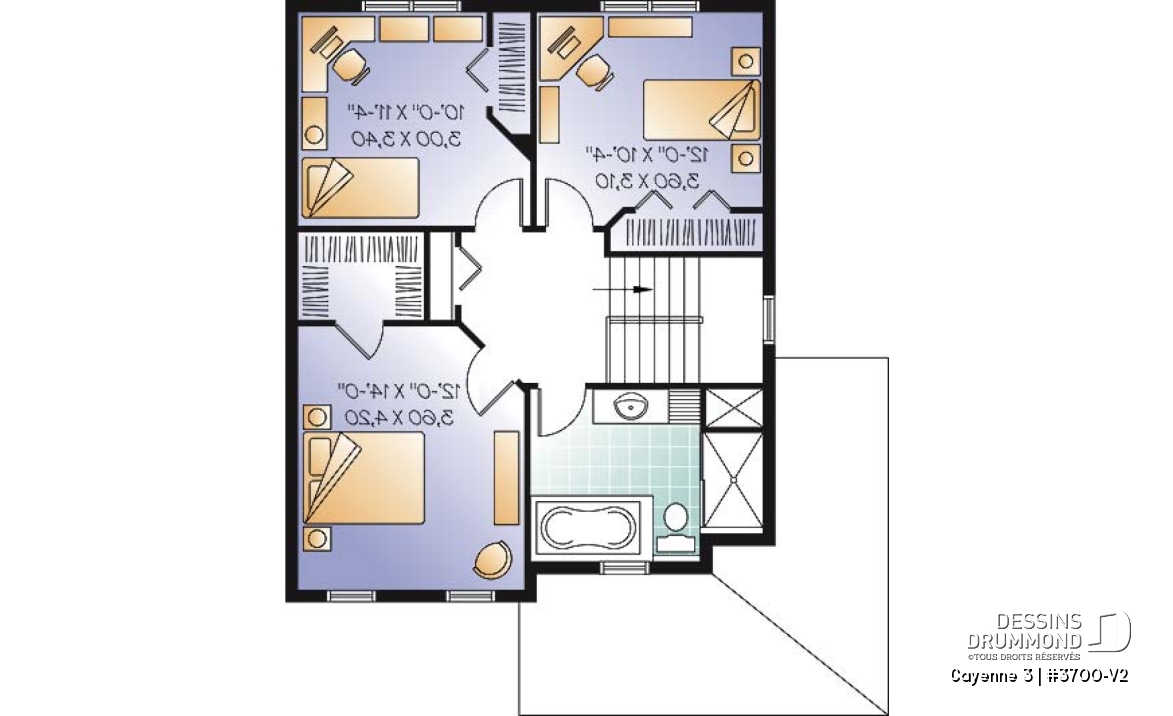Étage - Plan de maison style transitionnel, 3 chambres, grand vestibule fermé, buanderie au rez-de-chaussée - Cayenne 3