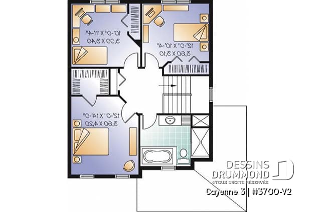 Étage - Plan de maison style transitionnel, 3 chambres, grand vestibule fermé, buanderie au rez-de-chaussée - Cayenne 3