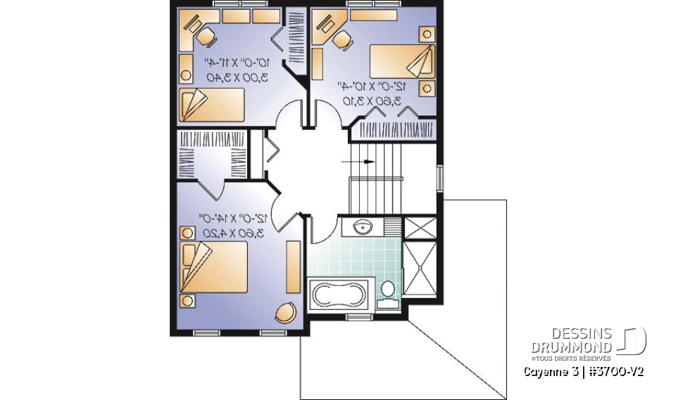Étage - Plan de maison style transitionnel, 3 chambres, grand vestibule fermé, buanderie au rez-de-chaussée - Cayenne 3