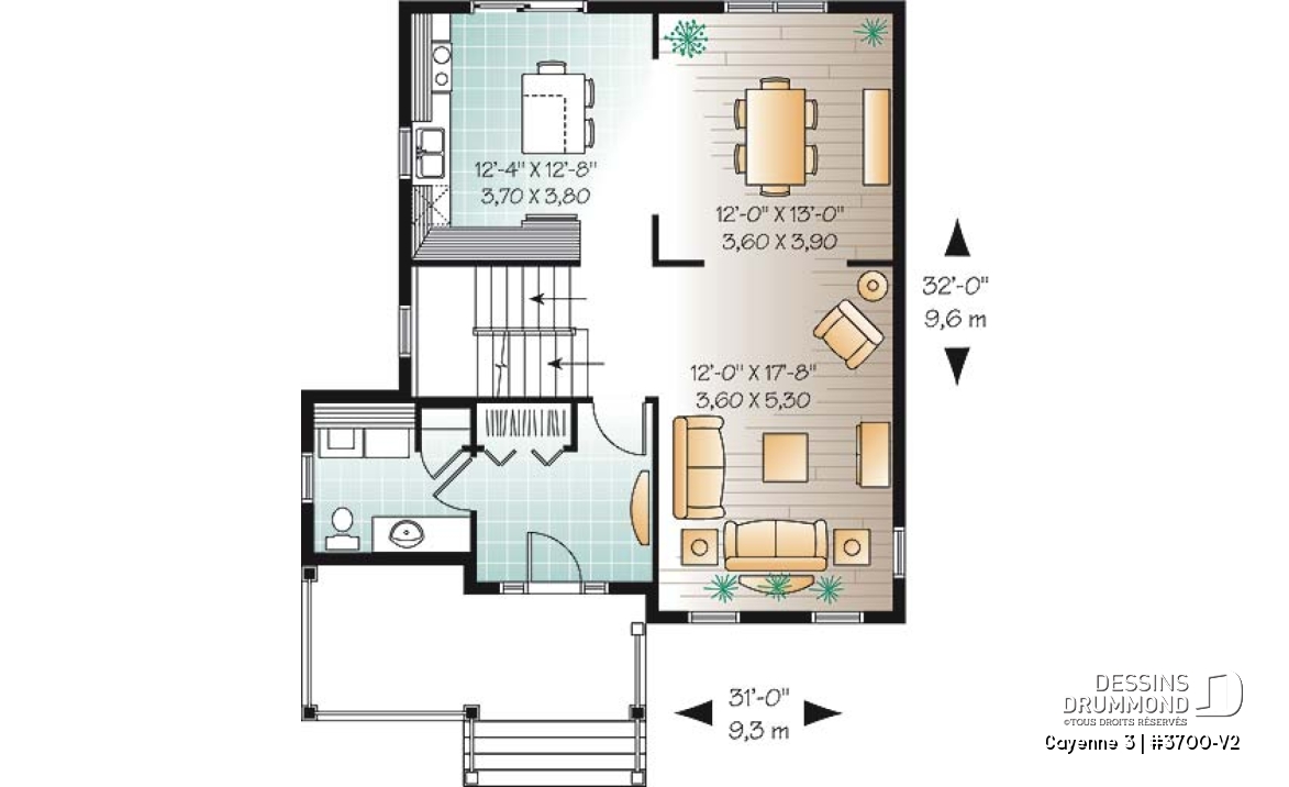 Rez-de-chaussée - Plan de maison style transitionnel, 3 chambres, grand vestibule fermé, buanderie au rez-de-chaussée - Cayenne 3