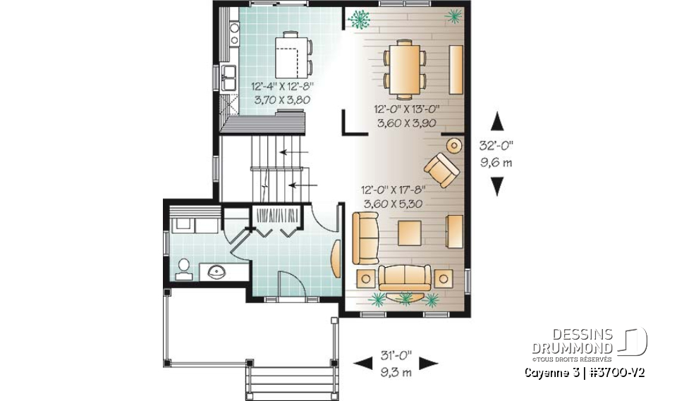 Rez-de-chaussée - Plan de maison style transitionnel, 3 chambres, grand vestibule fermé, buanderie au rez-de-chaussée - Cayenne 3