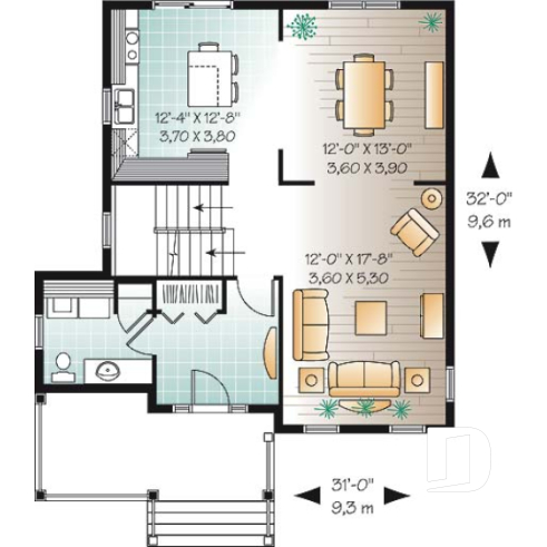 Rez-de-chaussée - Plan de maison style transitionnel, 3 chambres, grand vestibule fermé, buanderie au rez-de-chaussée - Cayenne 3