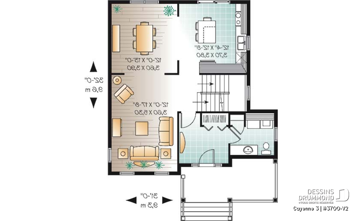 Rez-de-chaussée - Plan de maison style transitionnel, 3 chambres, grand vestibule fermé, buanderie au rez-de-chaussée - Cayenne 3