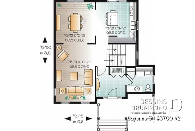 Rez-de-chaussée - Plan de maison style transitionnel, 3 chambres, grand vestibule fermé, buanderie au rez-de-chaussée - Cayenne 3