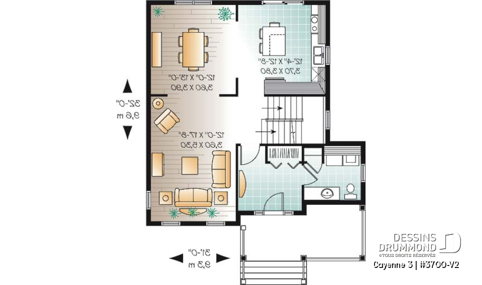 Rez-de-chaussée - Plan de maison style transitionnel, 3 chambres, grand vestibule fermé, buanderie au rez-de-chaussée - Cayenne 3