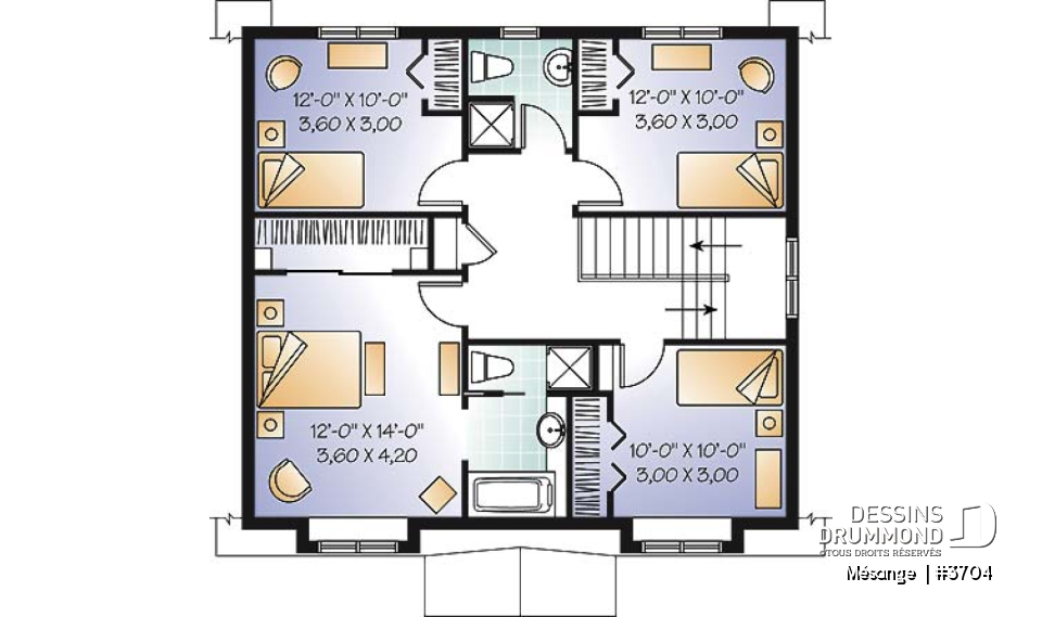 Étage - Plan de maison avec 4 chambres, bureau, style Cape Cod, belle galerie avant - Mésange 