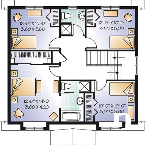 Étage - Plan de maison avec 4 chambres, bureau, style Cape Cod, belle galerie avant - Mésange 