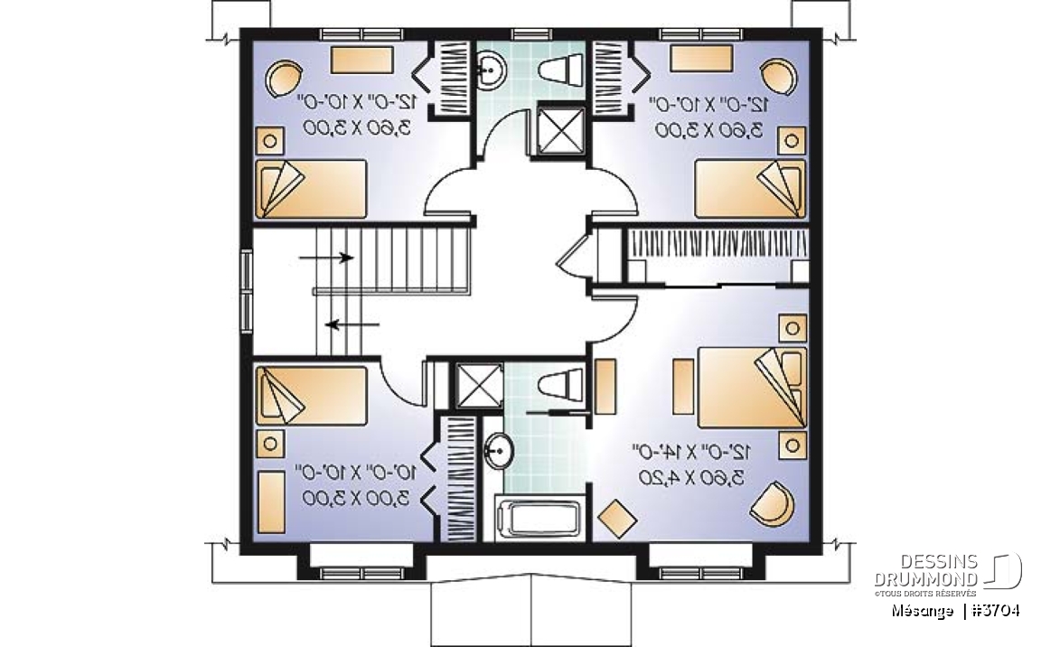 Étage - Plan de maison avec 4 chambres, bureau, style Cape Cod, belle galerie avant - Mésange 