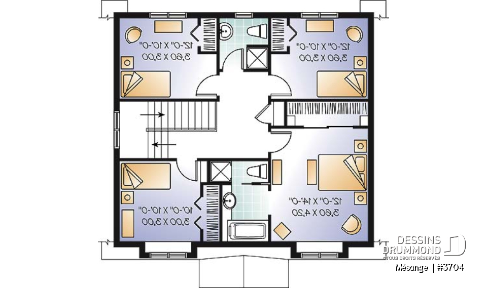 Étage - Plan de maison avec 4 chambres, bureau, style Cape Cod, belle galerie avant - Mésange 