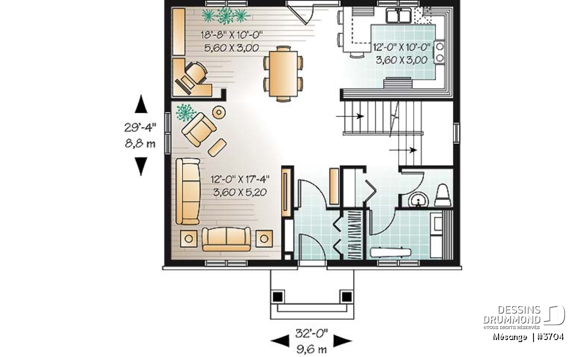 Rez-de-chaussée - Plan de maison avec 4 chambres, bureau, style Cape Cod, belle galerie avant - Mésange 