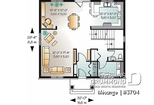 Rez-de-chaussée - Plan de maison avec 4 chambres, bureau à comidile, style Cape Cod - Mésange 