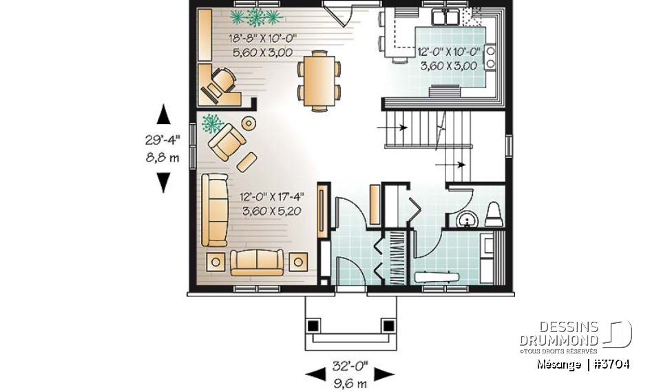 Rez-de-chaussée - Plan de maison avec 4 chambres, bureau, style Cape Cod, belle galerie avant - Mésange 