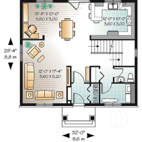Rez-de-chaussée - Plan de maison avec 4 chambres, bureau, style Cape Cod, belle galerie avant - Mésange 