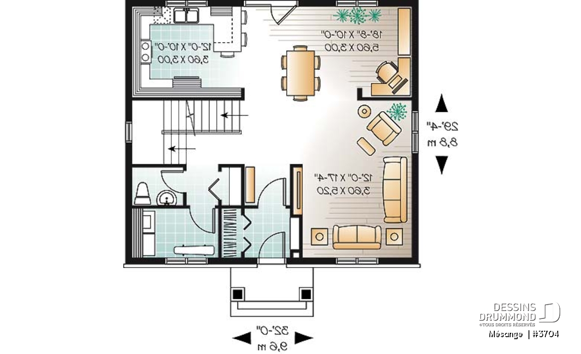 Rez-de-chaussée - Plan de maison avec 4 chambres, bureau, style Cape Cod, belle galerie avant - Mésange 
