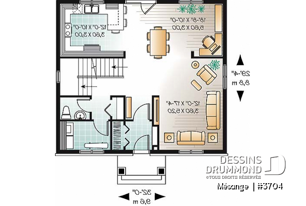 Rez-de-chaussée - Plan de maison avec 4 chambres, bureau, style Cape Cod, belle galerie avant - Mésange 