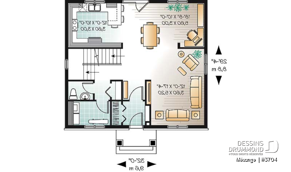 Rez-de-chaussée - Plan de maison avec 4 chambres, bureau, style Cape Cod, belle galerie avant - Mésange 