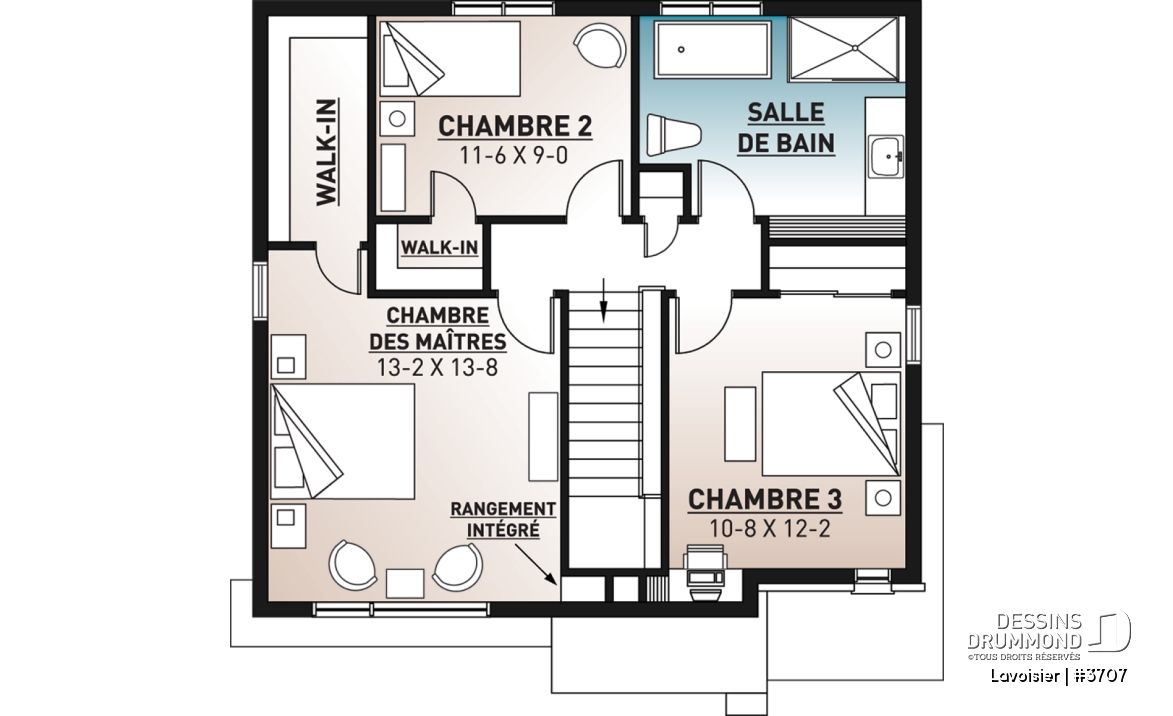 Étage - Plan de maison moderne cubique à étage avec 3 chambres, buanderie, garde manger, grand îlot à la cuisine - Lavoisier