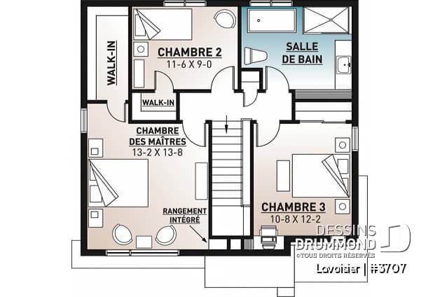 Étage - Plan de maison moderne cubique à étage avec 3 chambres, buanderie, garde manger, grand îlot à la cuisine - Lavoisier