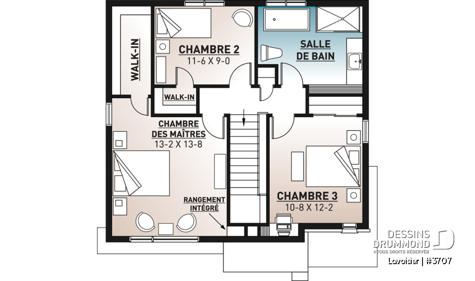 Étage - Plan de maison moderne cubique à étage avec 3 chambres, buanderie, garde manger, grand îlot à la cuisine - Lavoisier