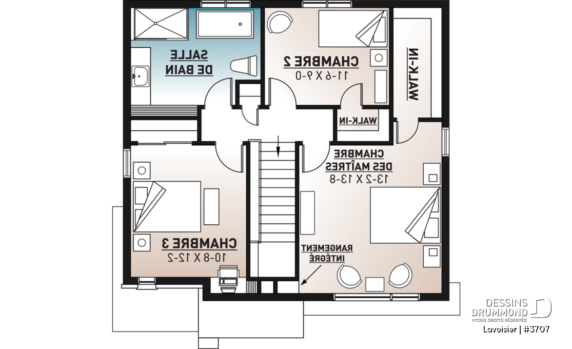 Étage - Plan de maison moderne cubique à étage avec 3 chambres, buanderie, garde manger, grand îlot à la cuisine - Lavoisier