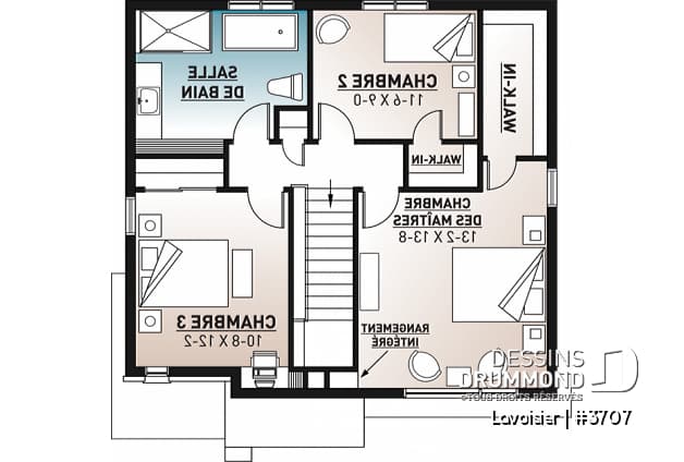 Étage - Plan de maison moderne cubique à étage avec 3 chambres, buanderie, garde manger, grand îlot à la cuisine - Lavoisier