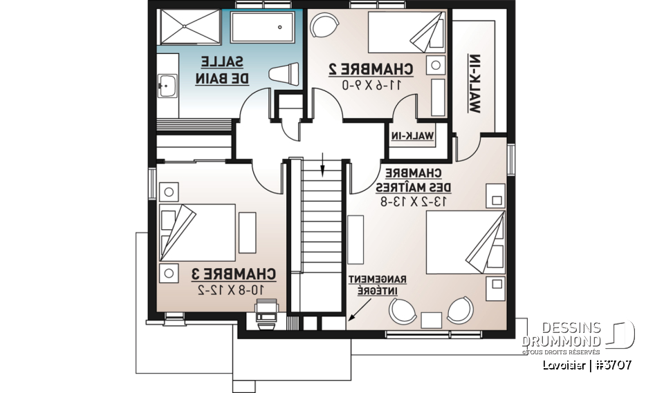 Étage - Plan de maison moderne cubique à étage avec 3 chambres, buanderie, garde manger, grand îlot à la cuisine - Lavoisier