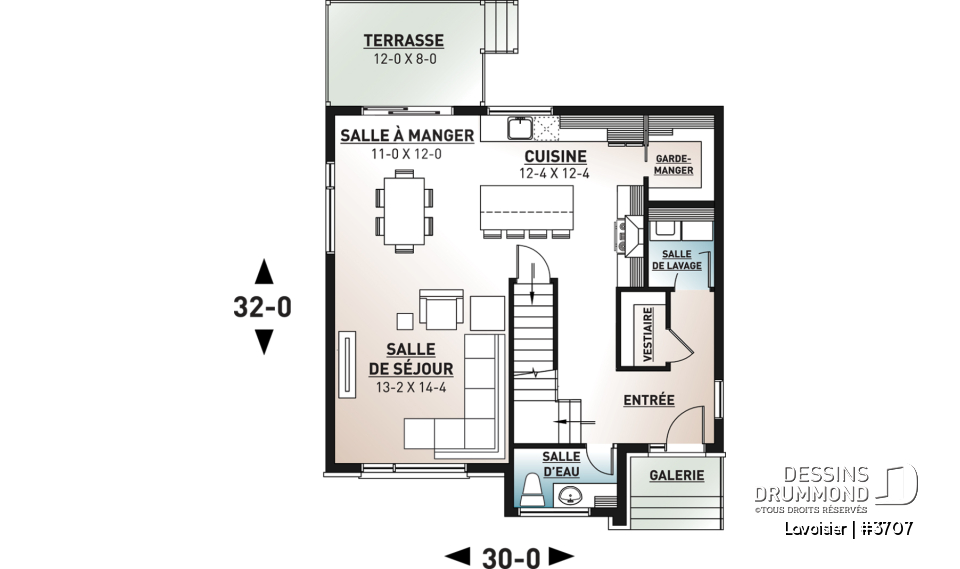 Rez-de-chaussée - Plan de maison moderne cubique à étage avec 3 chambres, buanderie, garde manger, grand îlot à la cuisine - Lavoisier