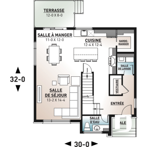 Rez-de-chaussée - Plan de maison moderne cubique à étage avec 3 chambres, buanderie, garde manger, grand îlot à la cuisine - Lavoisier